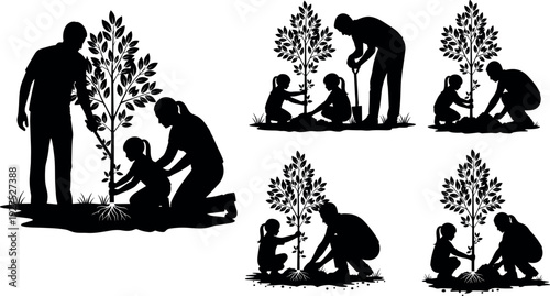 Family planting trees together silhouette collection showing parents and children gardening, environmental conservation, sustainability, nature care and community teamwork concept  