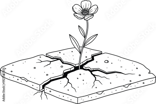 Delicate blooming flower emerges powerfully through severely cracked concrete slabs symbolizing resilience and hope