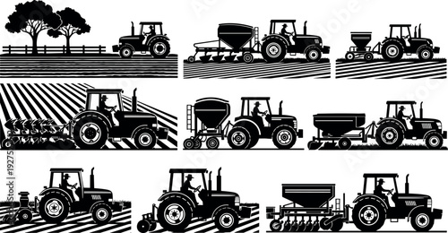 Farm tractor silhouette set showing plowing, seeding and cultivation processes on agricultural fields, black vector illustration collection for farming, rural industry concepts design