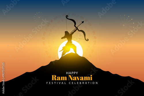 Schilderij op canvas Ram Navami Festival Banner or poster: A silhouette lord Rama figure, poised with a bow and arrow against a vibrant sunset, typography Post template