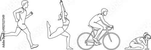 Continuous one line drawing depicting multiple athletes participating in various sports and fitness activities like running, yoga, cycling, and resting.