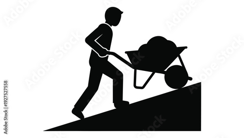 A man pushing a wheelbarrow up a steep hill isolated on white background, Vector