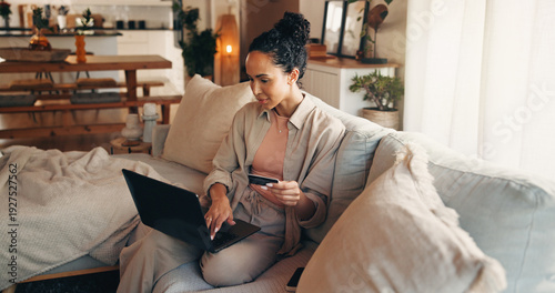 Photos Laptop, payment and woman on sofa with credit card, online utility bills or fintech for eft transaction