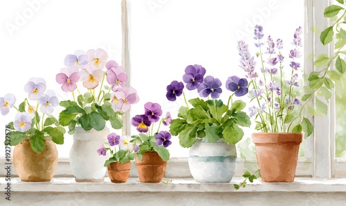 Clipart featuring spring flowers windowsill watercolor clipart, delicate pansies, lavender, violets, and white blossoms in ceramic and terracotta pots