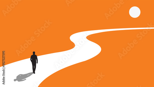 Silhouette of Man Walking on Winding Path Toward Sun Illustration