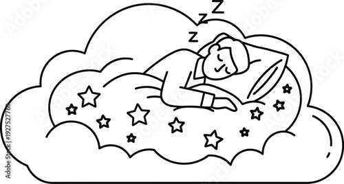 Simple line art icon depicting a person peacefully sleeping soundly upon a fluffy cloud among stars.