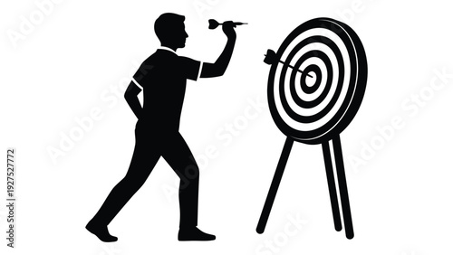 A man throwing a dart at a target isolated on white background, Vector