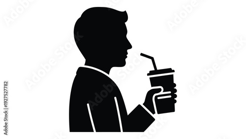 A man drinking from a cup with a straw isolated on white background, Vector