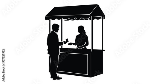 A man buys food from a vendor at an outdoor booth isolated on white background, Vector