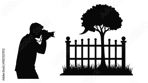 A photographer takes a picture of a tree behind a fence isolated on white background, Vector