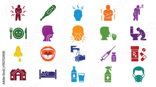 Set of colorful health and sickness icons on a transparent background