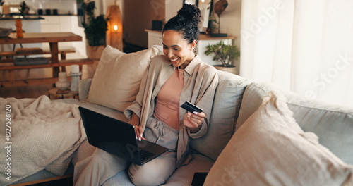 Cuadro en lienzo Laptop, payment and woman on couch with credit card, utility bills and savings for eft transaction