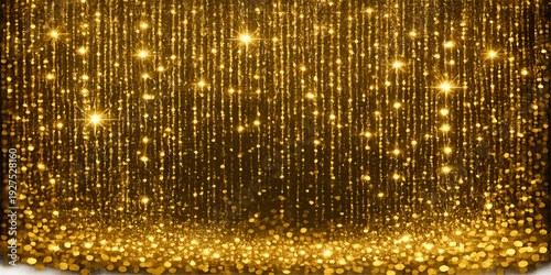 A festive Christmas holiday background features golden bokeh lights and bright yellow glitter with a shiny blurred texture to create a glowing xmas decoration design for a celebration party