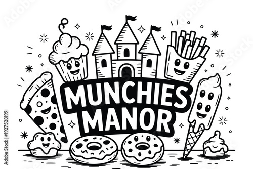 Munchies manor cartoon illustration with food and castle