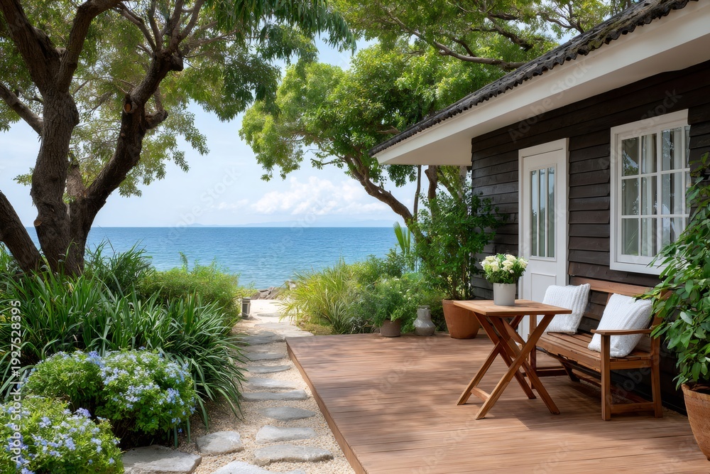 Obraz premium Seaside cabin with ocean view and wooden deck