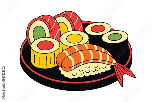 A sushi plate with various rolls and maki on a black plate