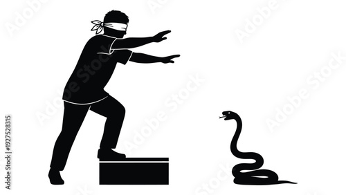 A person in a blindfold stepping over a snake isolated on white background, Vector