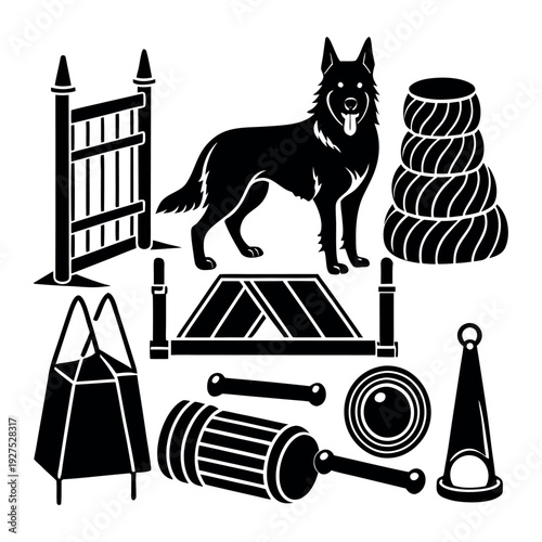 Black and White Vector Graphic Illustration of a German Shepherd Dog with Agility Training Equipment on white background