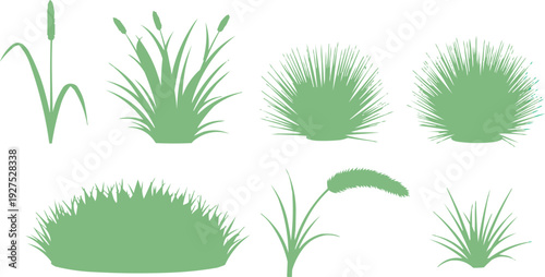 The image features a collection of seven green plant silhouettes displayed against a crisp white background. The silhouettes vary in shape and size, showcasing a diverse assortment of plant forms.