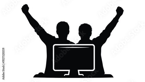 Two people celebrating in front of a computer monitor isolated on white background, Vector