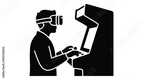 A person wearing virtual reality goggles working at a computer isolated on white background, Vector