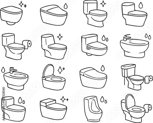 Bathroom Fixtures Line Art Icons Set: Toilets, Bidets, and Urinals with Cleanliness Symbols
