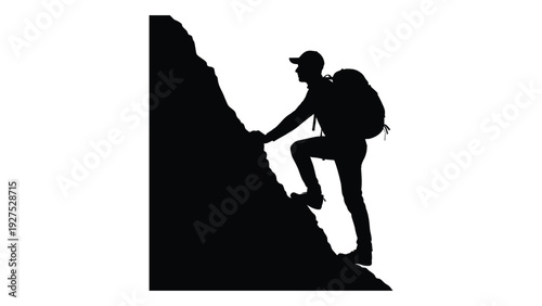 A person climbing a steep mountain with a backpack isolated on white background, Vector