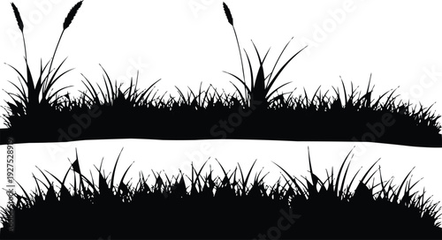 The image is a black and white vector graphic that features a collection of silhouettes representing clumps of grass. The design showcases a variety of grass clumps, differing in height and density, 