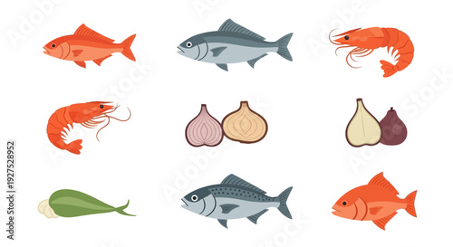 Various seafood and vegetables illustrations perfect for culinary and food related themes