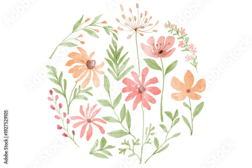 Watercolor colorful floral pattern with flowers and leaves