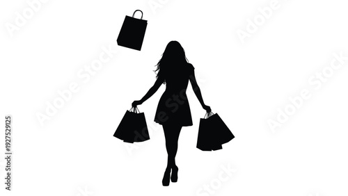 A woman carrying multiple shopping bags in a black silhouette isolated on white background, Vector