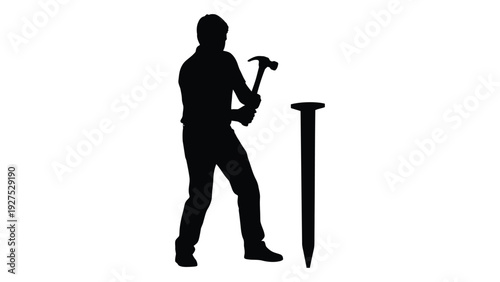 A man in silhouette is hammering a large nail isolated on white background, Vector