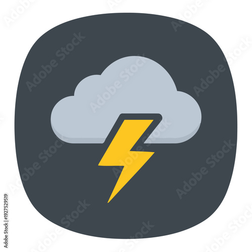 Clean vector graphic depicting a severe weather warning, featuring a dark cloud and bright lightning flash