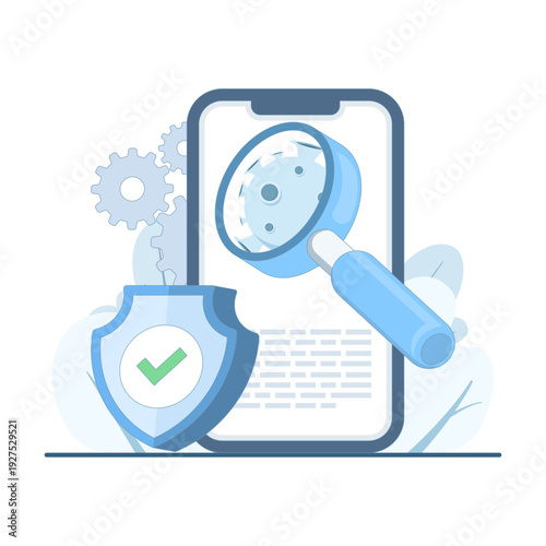Illustration of smartphone virus scanning with antivirus, showing mobile security, malware detection, shield icons, and protected apps for safe digital device usage.