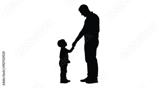 A silhouette of a man and a child holding hands isolated on white background, Vector
