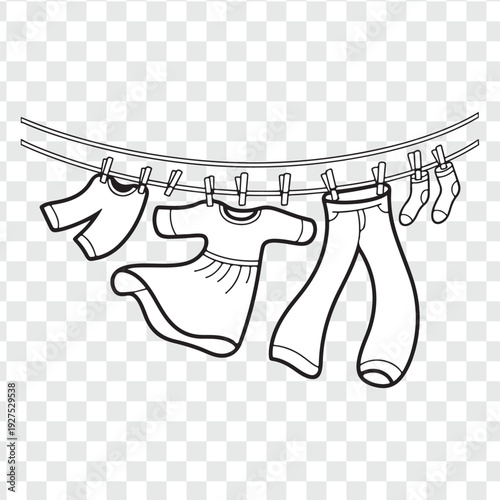Laundry Day Lineup Clean clothes, a dress, jeans and socks gently swaying on a clothesline, air-drying in the breeze, symbolizing simplicity, home life, and everyday tasks.