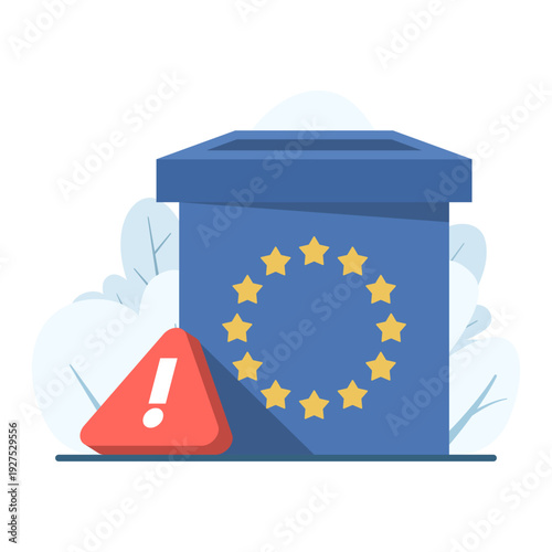 Flat vector of a voting box with exclamation mark, ballot confiscation, EU voting ban, and voter bribery, symbolizing dictatorship and election control. flat vector illustration on background.