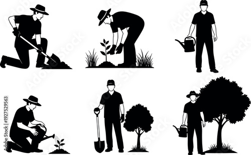 Gardening and tree planting silhouette set showing man watering, digging and planting saplings, environmental conservation, sustainability, nature care and outdoor gardening activity illustration