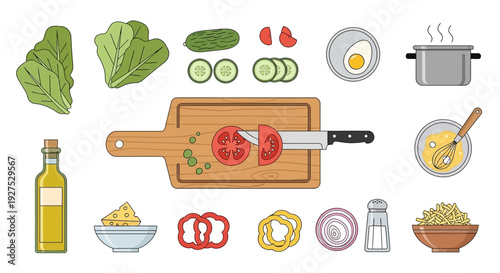 Fresh salad ingredients composition with knife on wooden cutting board