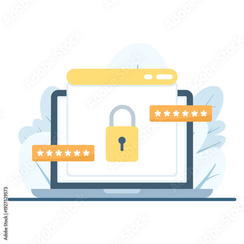 vector illustration of password security concept with padlock, PIN code, and program window interface. Symbol of data protection, privacy, and system access security.