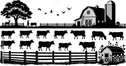 Rural farm landscape silhouette with barn, cows, fences, trees and birds, countryside agriculture scene illustration representing farming life, livestock, nature and traditional countryside 