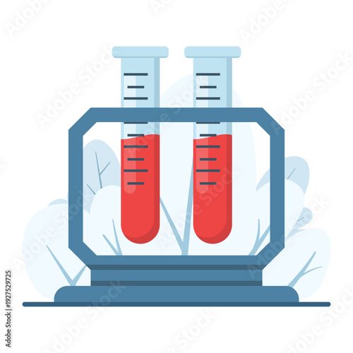 Vector illustration of blood sample test tubes in a rack, representing laboratory tests, medical analysis, healthcare diagnostics, and scientific research.