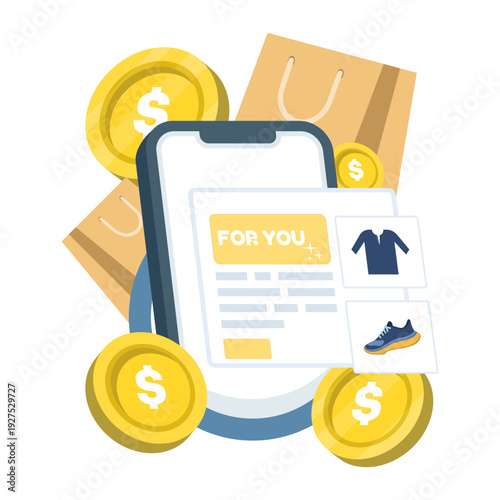 Vector illustration of AI-based e-commerce product recommendations, personalized shopping offers, add-to-cart interface, and marketing analytics dashboard in modern UI.
