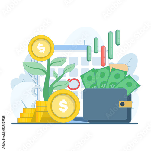 Flat vector illustration of investment and financial growth concept, featuring fund management, accounting, trading activity, and deposit strategy in clean modern design.