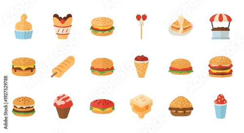 Assortment of colorful fast food icons burgers ice cream and sweets isolated