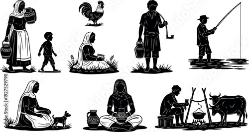 Rural village life silhouette collection showing farmers, women, children, fishing, cooking, animals and traditional daily activities, black and white illustration for culture, lifestyle and heritage 