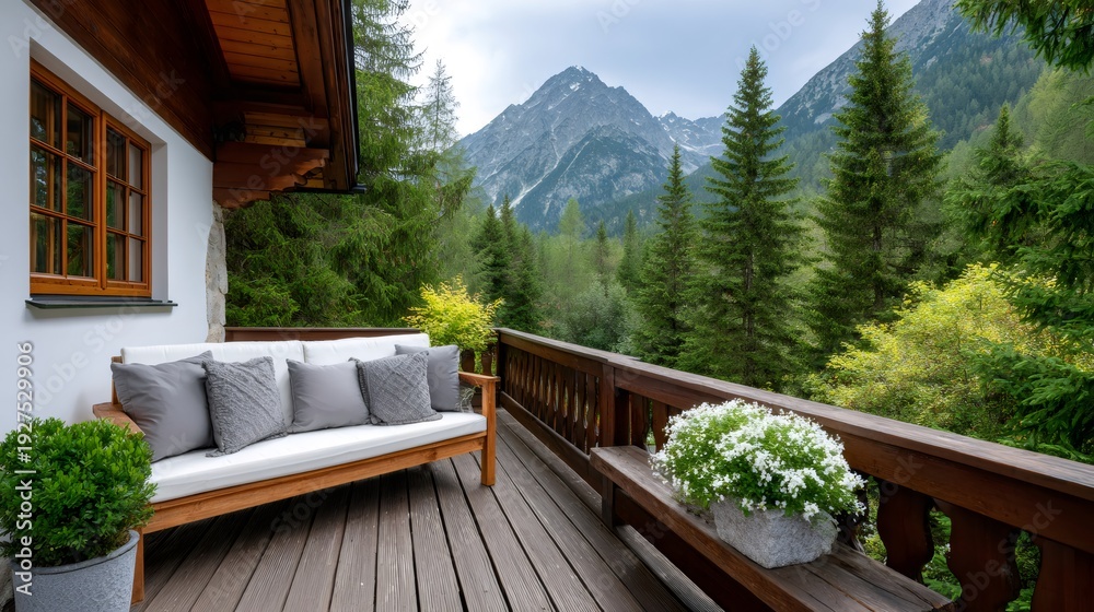 Fototapeta premium Alpine balcony enjoying mountain view and pine forest