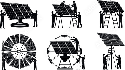 Solar panel installation silhouette set showing technicians assembling photovoltaic systems, renewable energy teamwork, clean power technology and sustainable electricity production concept 
