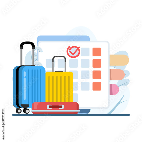 Pointing to calendar with check mark icon. Vacation date selection, annual leave approval, travel planning and holiday reminder concept. Modern flat vector isolated on white background.