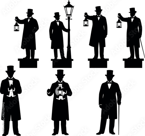 Victorian gentleman silhouette set holding lantern and cane, vintage 19th century man illustration for history, classic fashion, old street lighting and retro character design concepts
